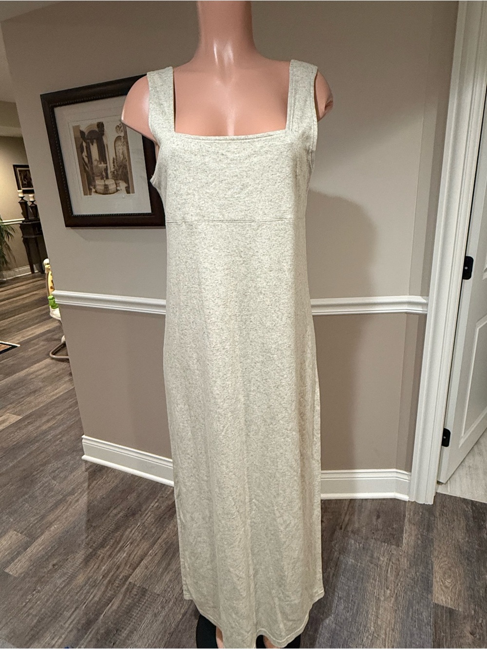 DKNY Sleeveless Square-Neck Maxi Dress in Light Heather Beige